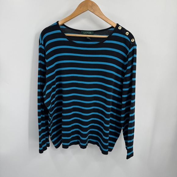 Lauren Ralph Lauren Tops - Lauren Ralph Lauren Shirt Womens 3X Black Blue Striped Long Sleeve Cotton Plus